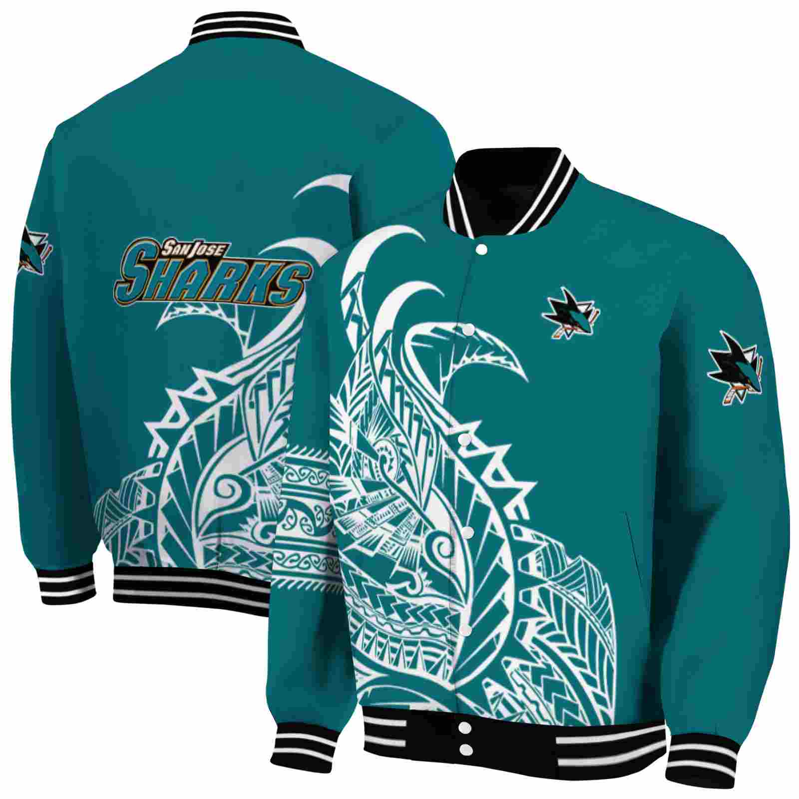 NHL San Jose Sharks Tribal Art Teal White Black Custom Baseball Jacket Sport Fans Gear