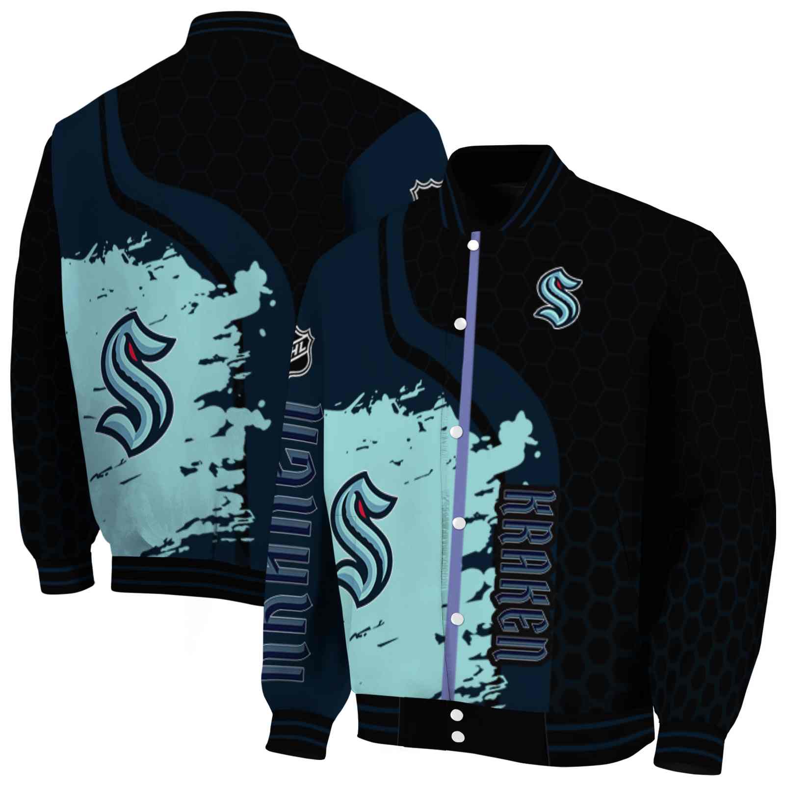 NHL Seattle Kraken Hexagonal Pattern Blue Black Custom Baseball Jacket Sport Fans Gear