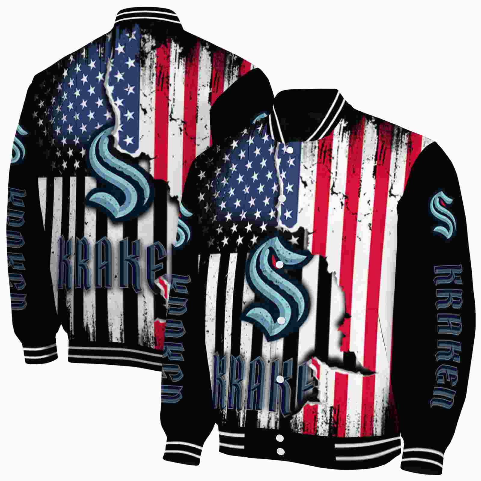 NHL Seattle Kraken Patriotic Theme Black Custom Baseball Jacket Sport Fans Gear