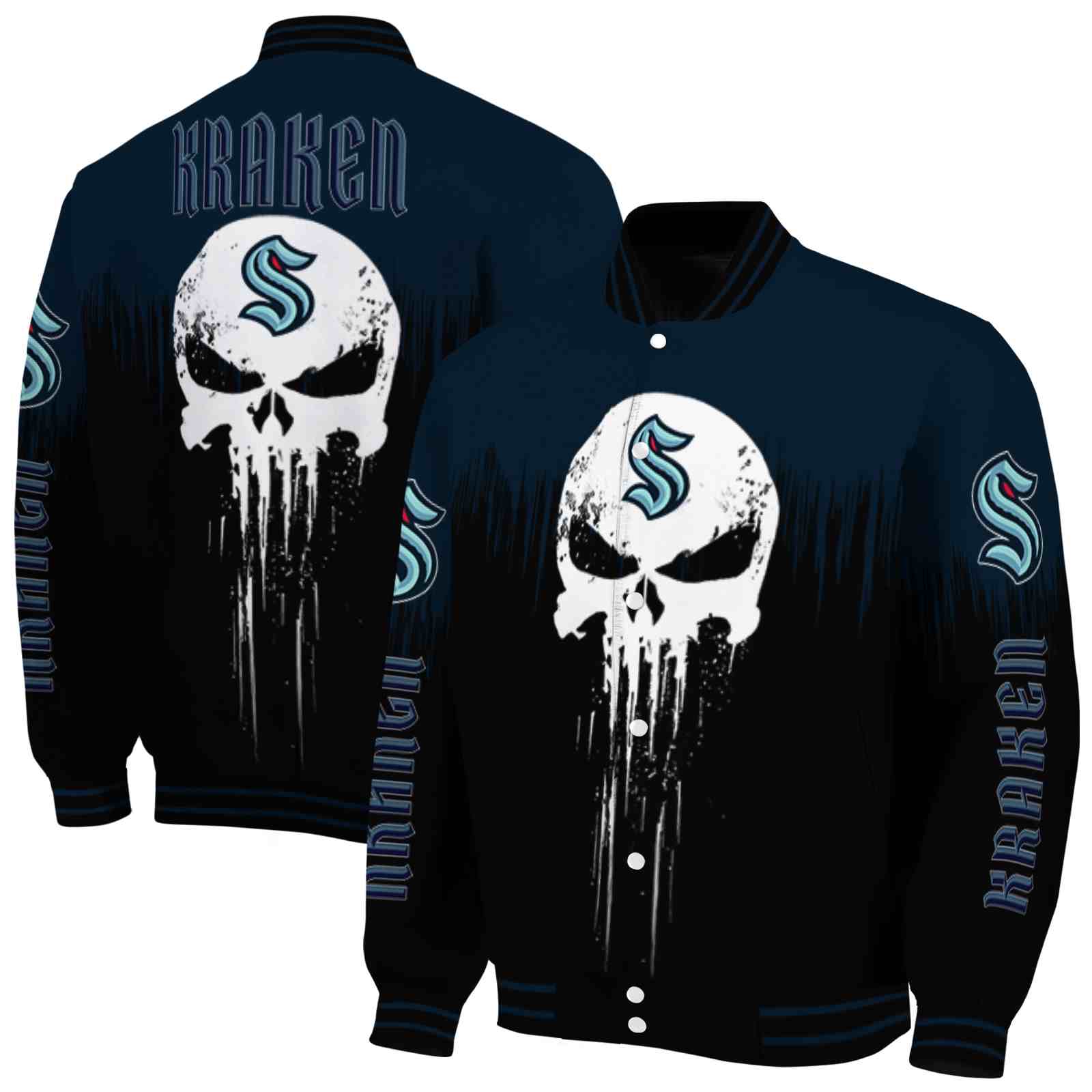 NHL Seattle Kraken Punisher Skull Blue Black White Custom Baseball Jacket Sport Fans Gear