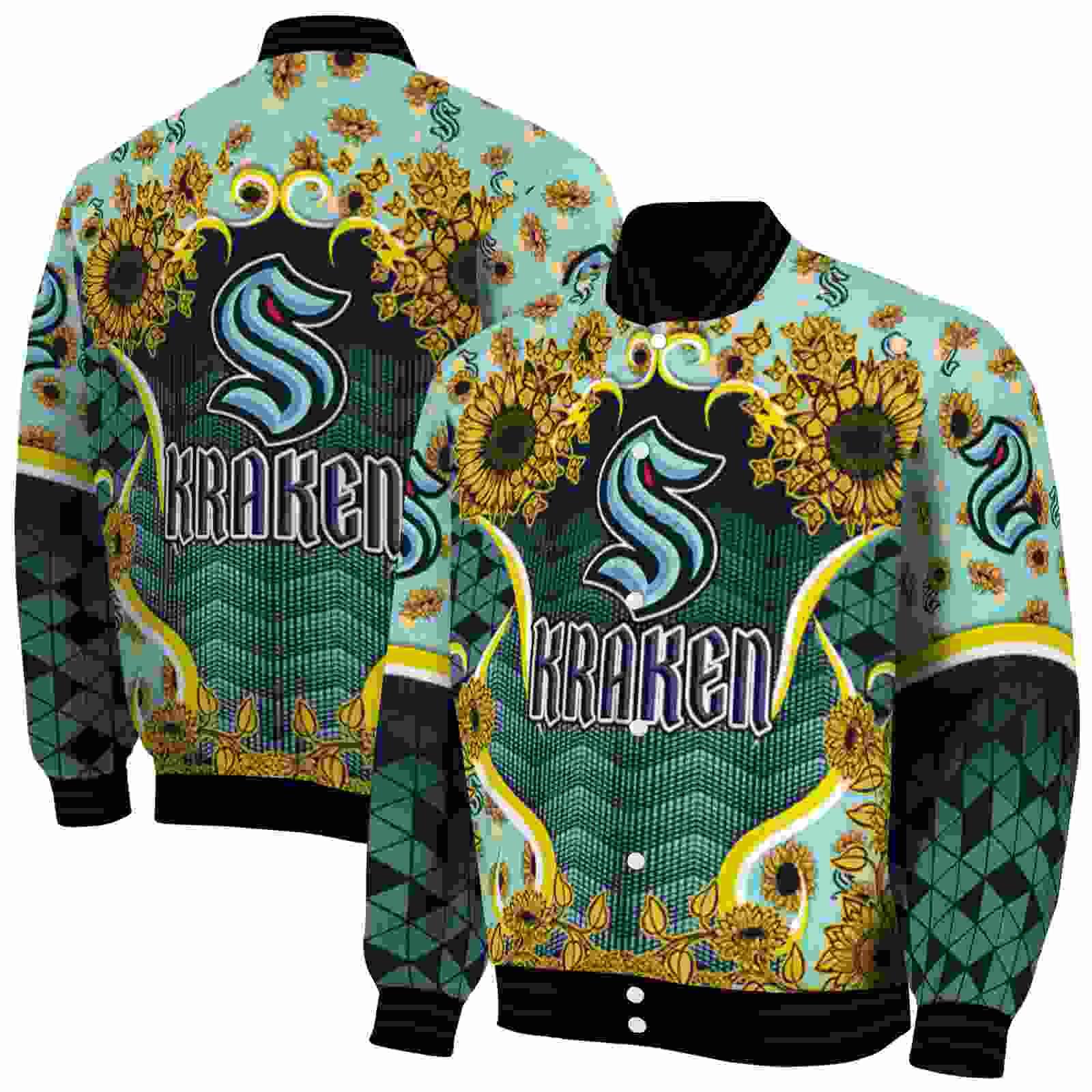 NHL Seattle Kraken SuNFL ower Bloom Blue Yellow Custom Baseball Jacket Sport Fans Gear