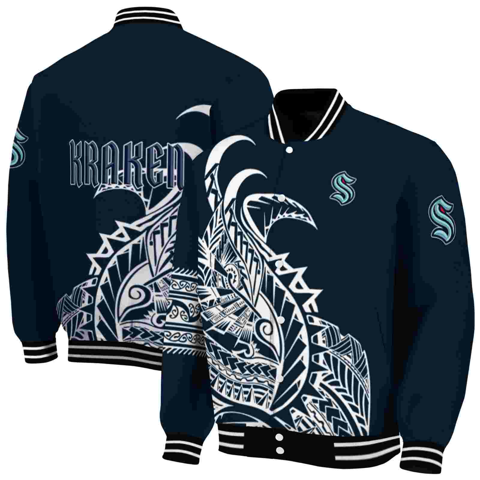 NHL Seattle Kraken Tribal Art Blue White Black Custom Baseball Jacket Sport Fans Gear