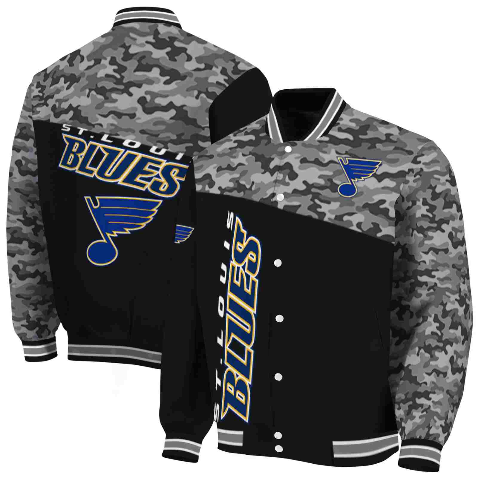 NHL St. Louis Blues Camo Patchwork Black Custom Baseball Jacket Sport Fans Gear