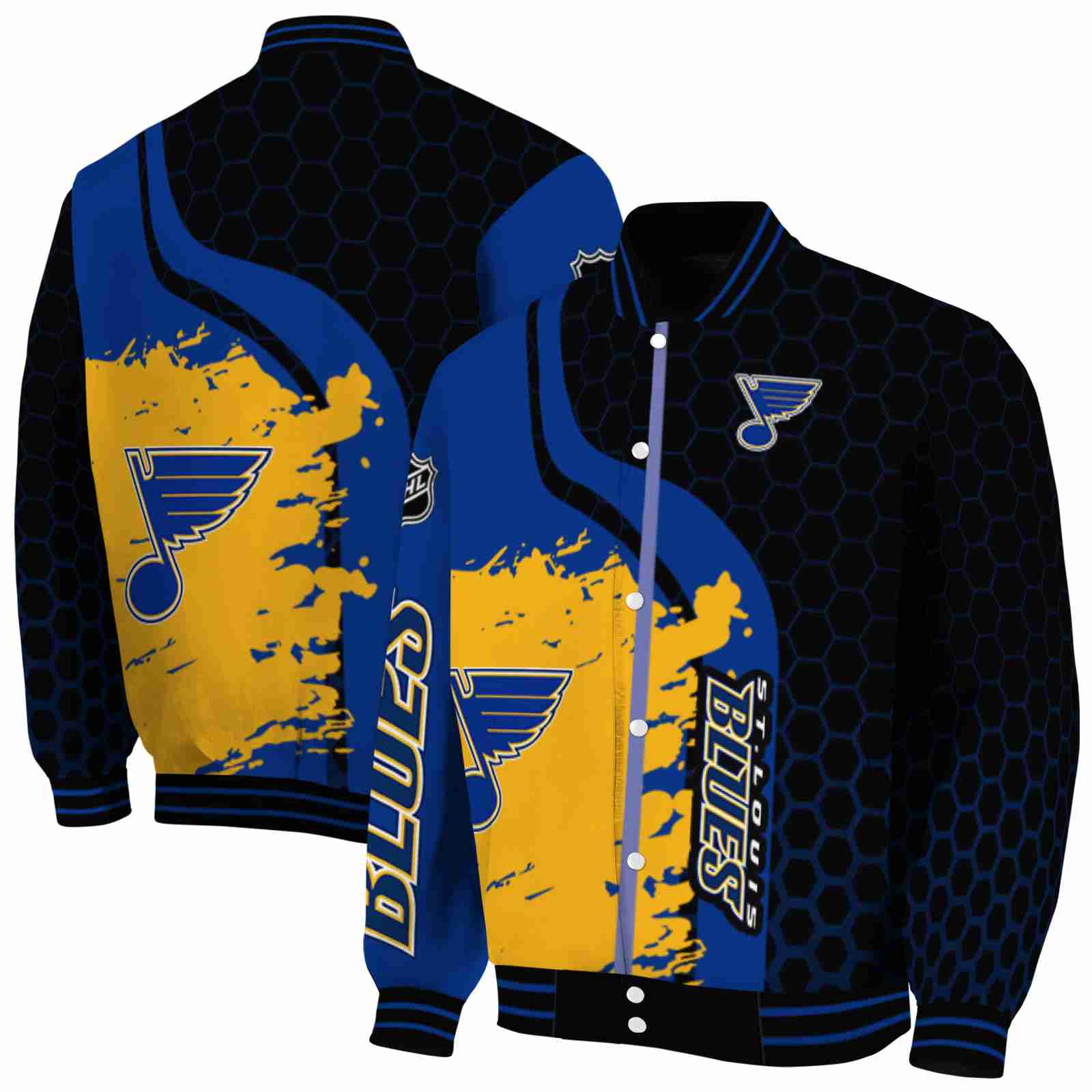 NHL St. Louis Blues Hexagonal Pattern Blue Black Custom Baseball Jacket Sport Fans Gear