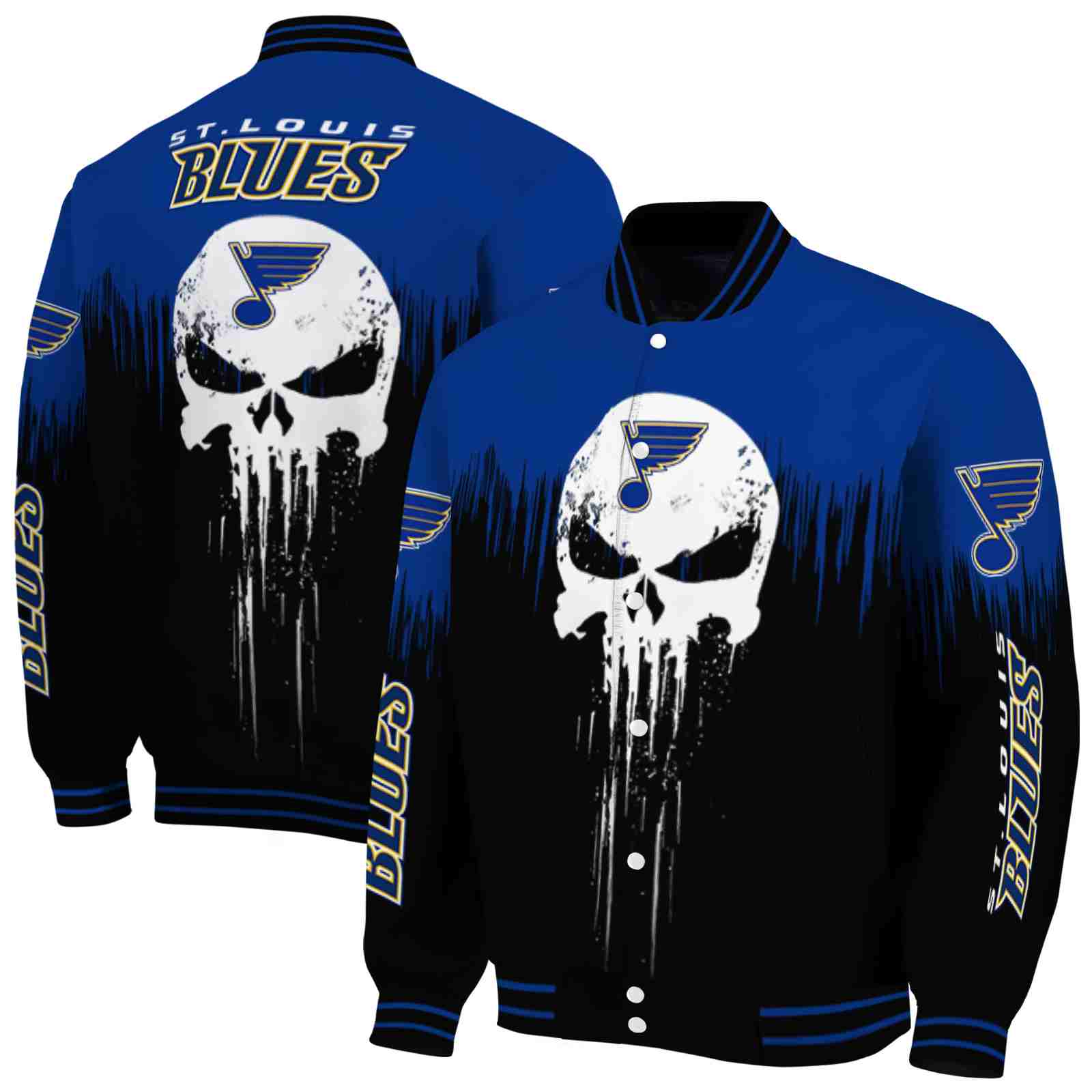NHL St. Louis Blues Punisher Skull Blue Black White Custom Baseball Jacket Sport Fans Gear