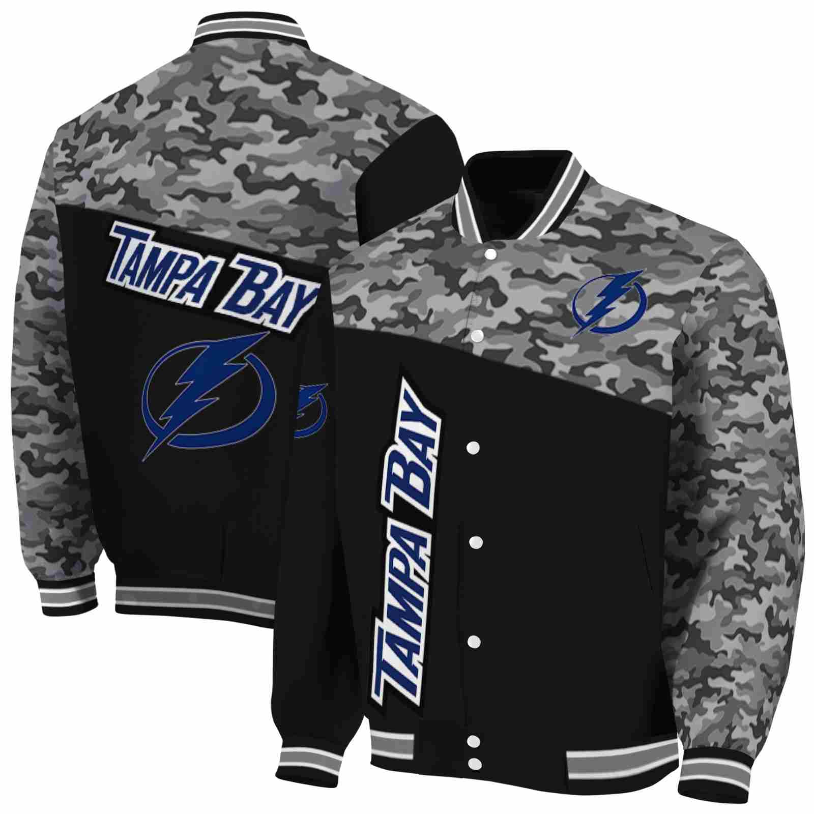 NHL Tampa Bay Lightning Camo Patchwork Black Custom Baseball Jacket Sport Fans Gear