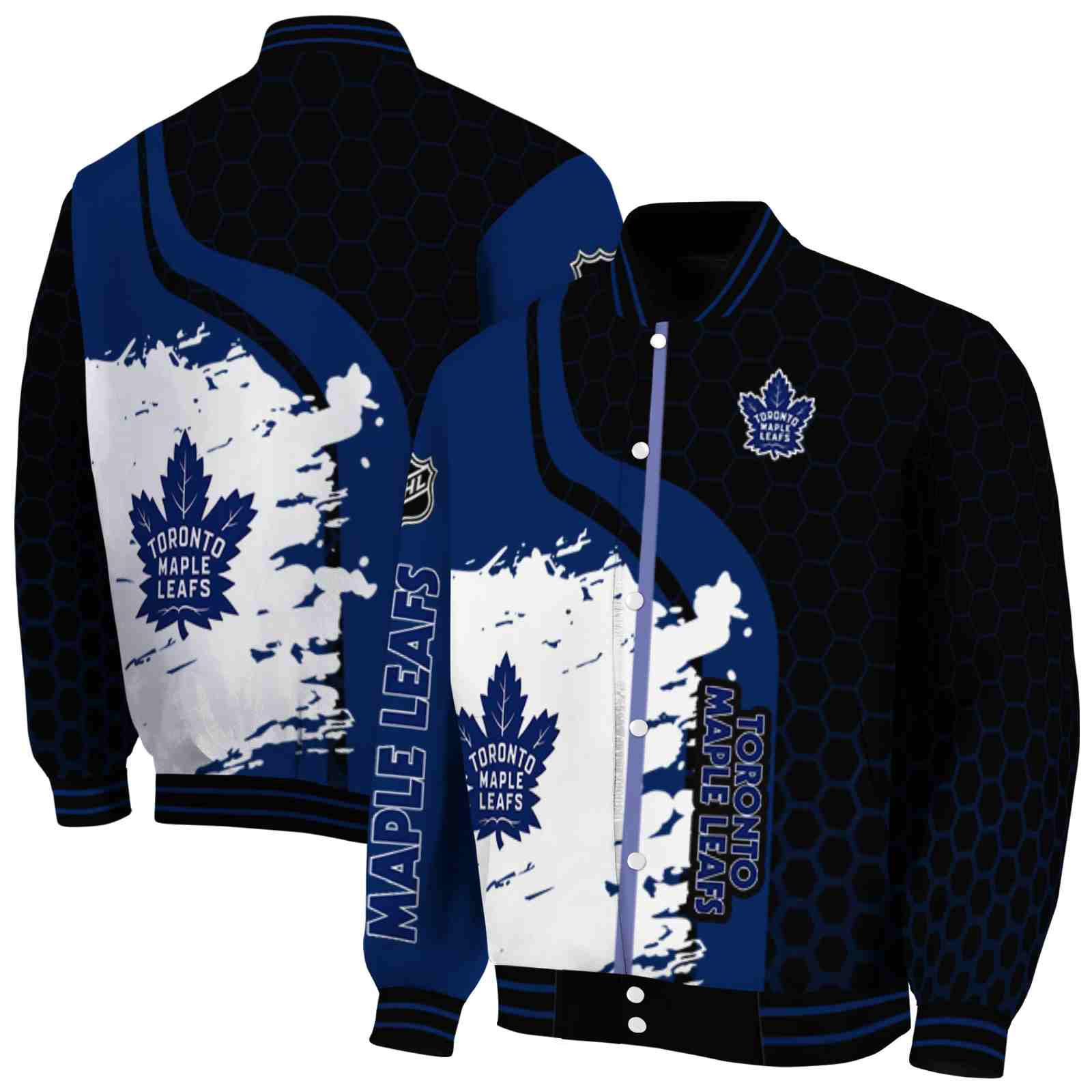 NHL Toronto Maple Leafs Hexagonal Pattern Blue Black Custom Baseball Jacket Sport Fans Gear