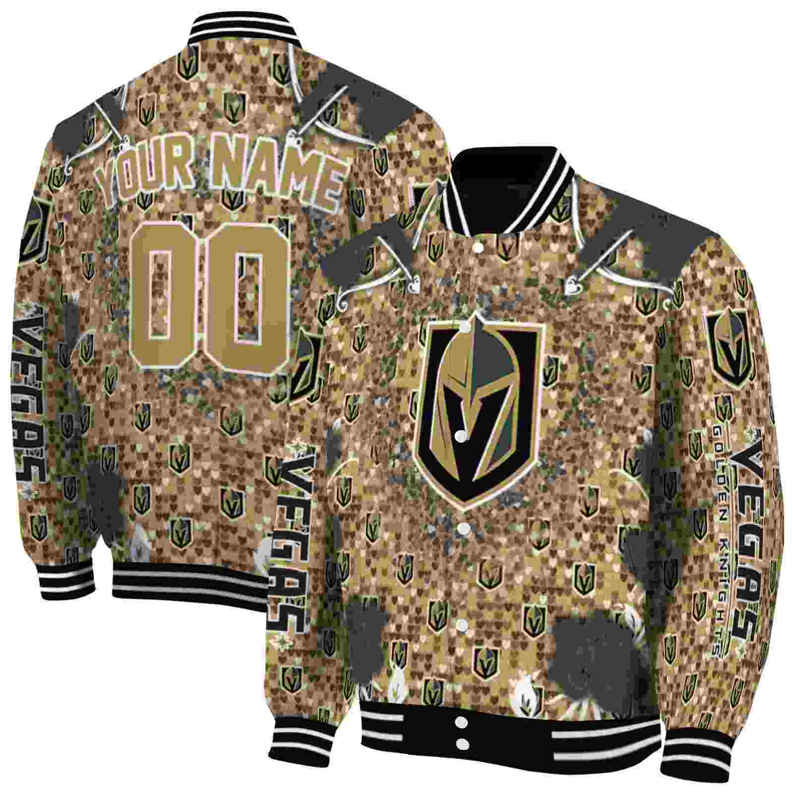 NHL Vegas Golden Knights Heart Explosion Tan Custom Baseball Jacket Sport Fans Gear
