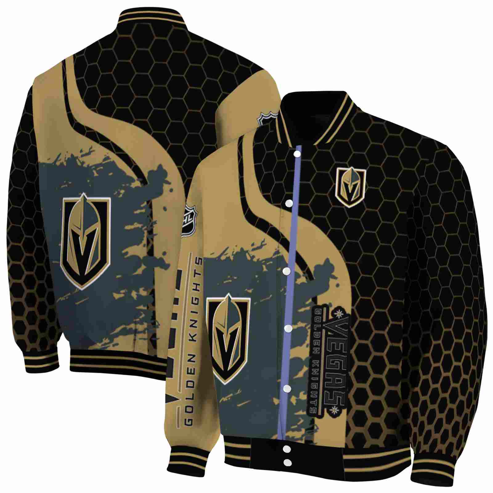 NHL Vegas Golden Knights Hexagonal Pattern Tan Black Custom Baseball Jacket Sport Fans Gear