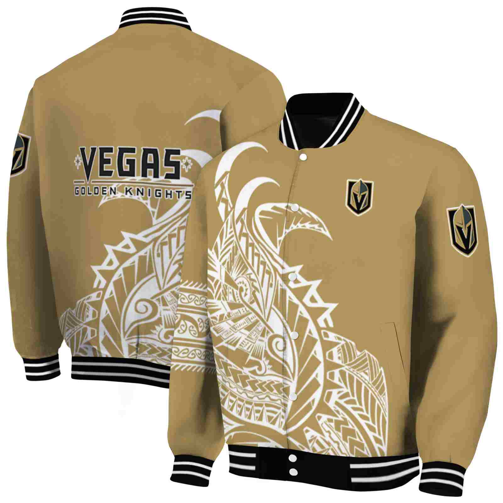 NHL Vegas Golden Knights Tribal Art Tan White Black Custom Baseball Jacket Sport Fans Gear