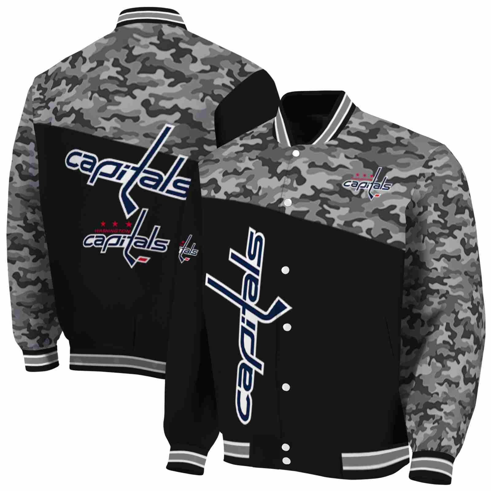 NHL Washington Capitals Camo Patchwork Black Custom Baseball Jacket Sport Fans Gear