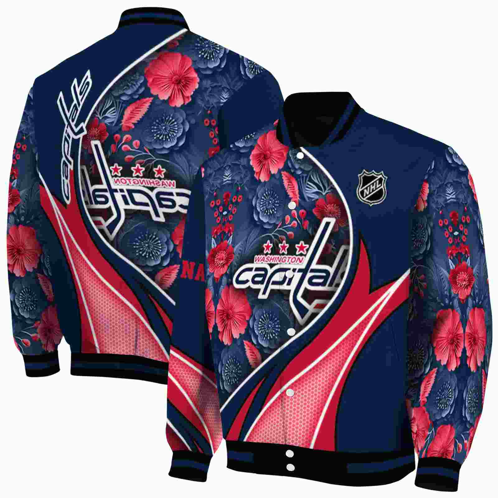 NHL Washington Capitals Floral Print Blue Custom Baseball Jacket Sport Fans Gear
