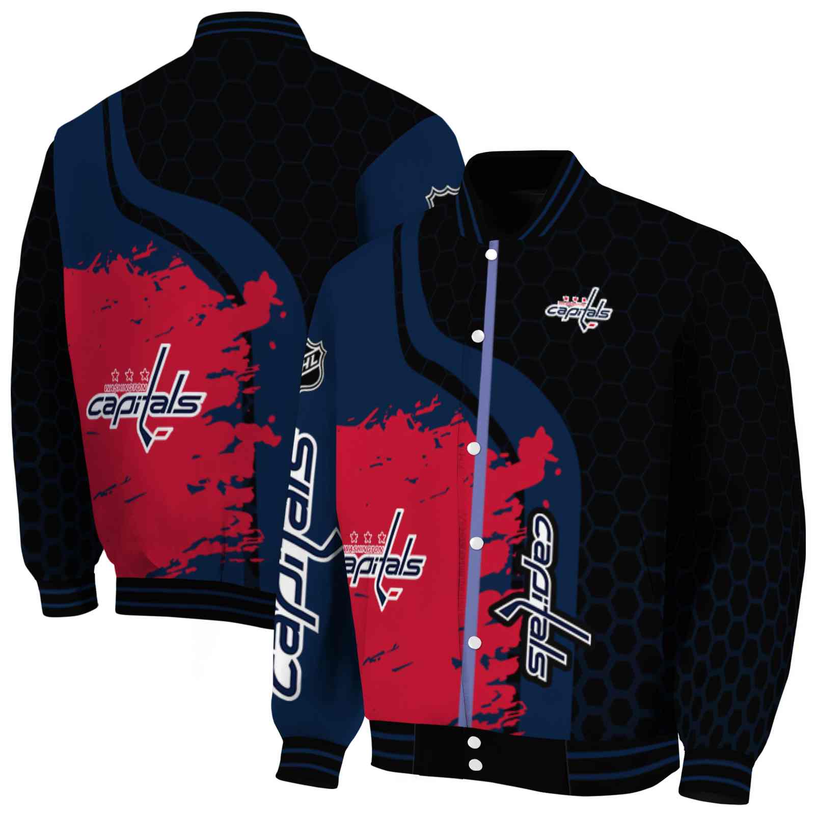 NHL Washington Capitals Hexagonal Pattern Blue Black Custom Baseball Jacket Sport Fans Gear
