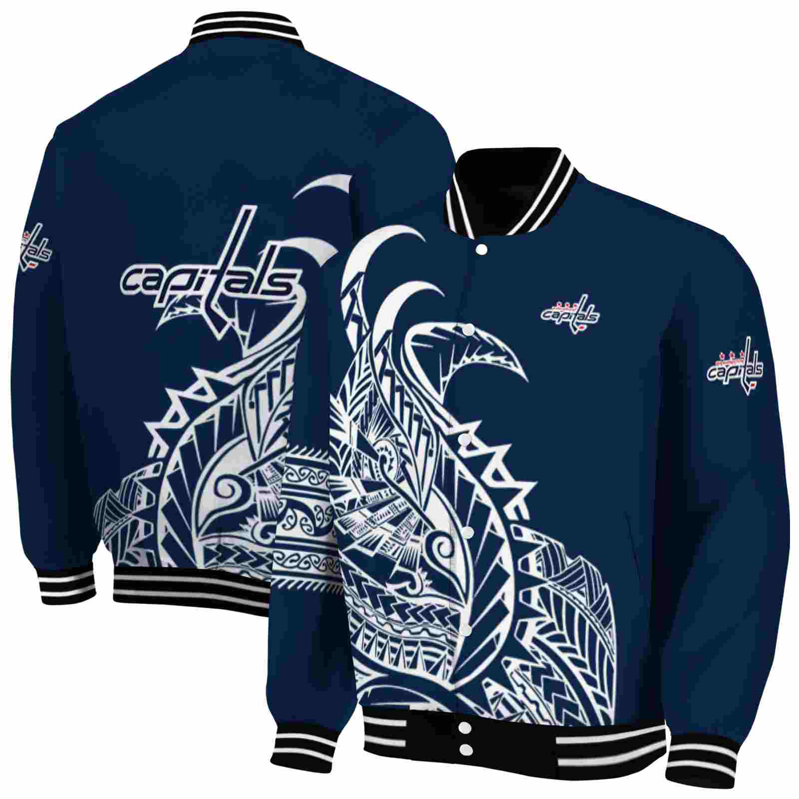 NHL Washington Capitals Tribal Art Blue White Black Custom Baseball Jacket Sport Fans Gear