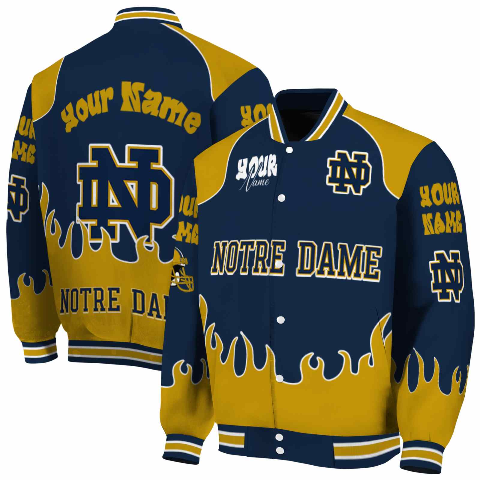 Notre Dame Fighting Irish NCAA Fire Graphic Navy Jacket Personalized For Football Fans