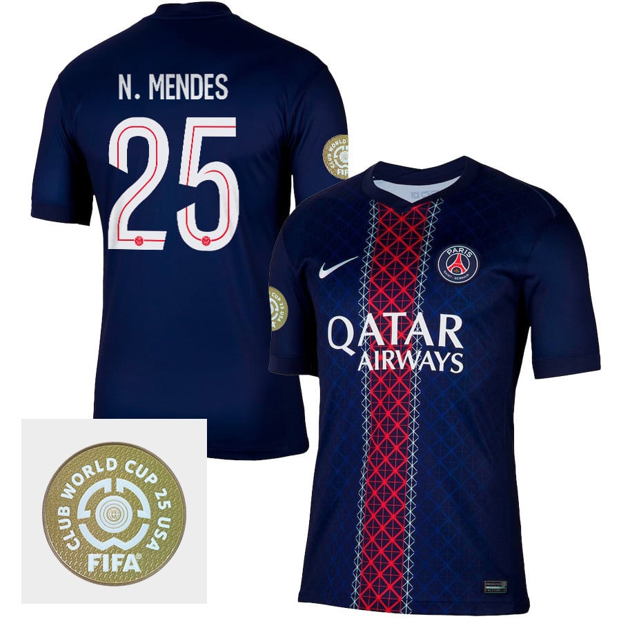 Nuno Mendes 25 Paris Saint-Germain 2025/26 FIFA Club World Cup 25 USA Patch Home Men Jersey - Navy
