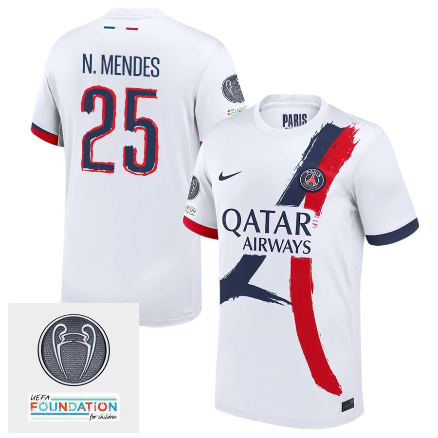 Nuno Mendes 25 Paris Saint-Germain UEFA Champions League Titleholder 2024/25 Away Men Jersey - White