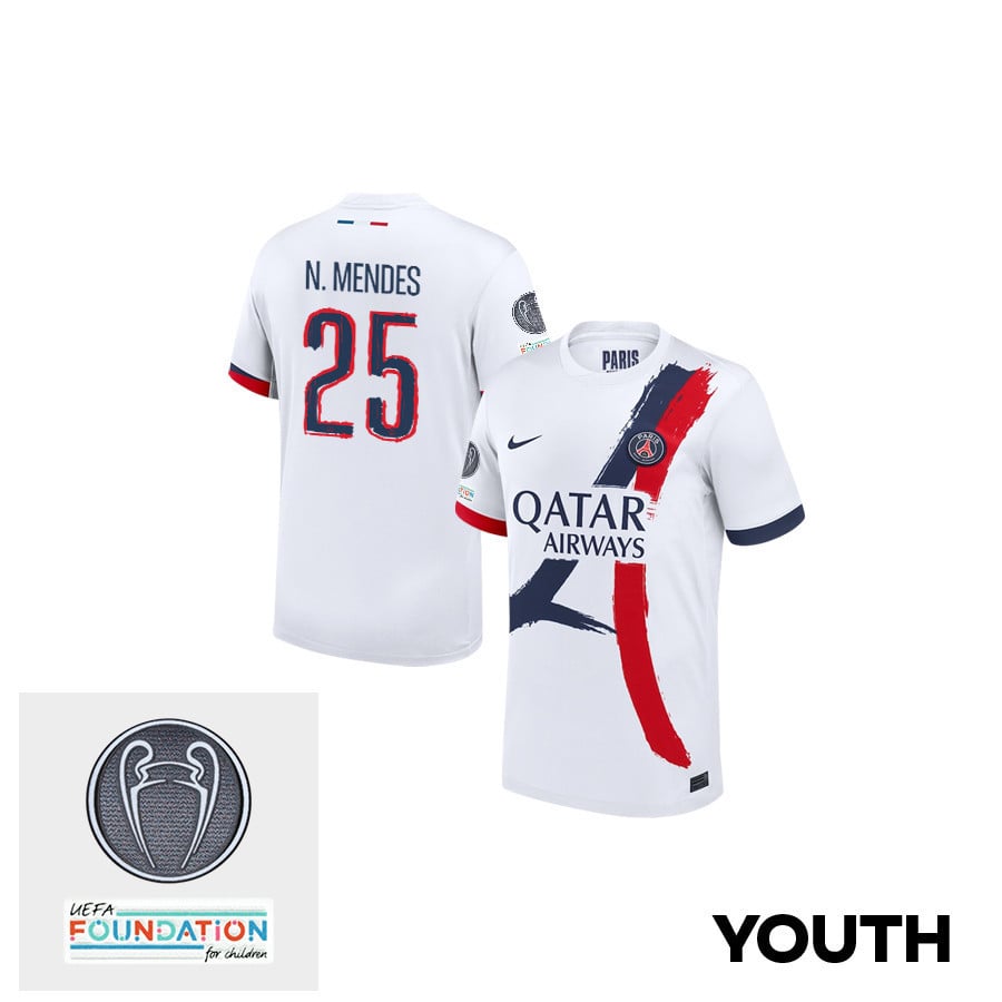 Nuno Mendes 25 Paris Saint-Germain UEFA Champions League Titleholder 2024/25 Champions Away YOUTH Jersey - White