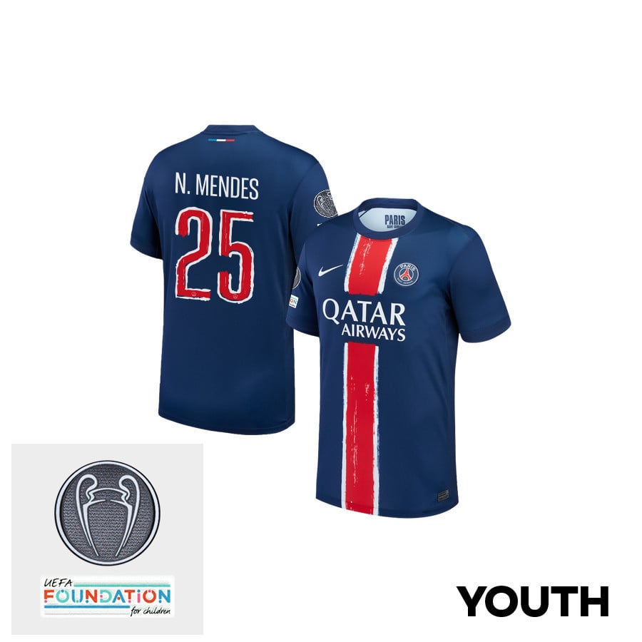 Nuno Mendes 25 Paris Saint-Germain UEFA Champions League Titleholder 2024/25 Champions Home YOUTH Jersey - Blue