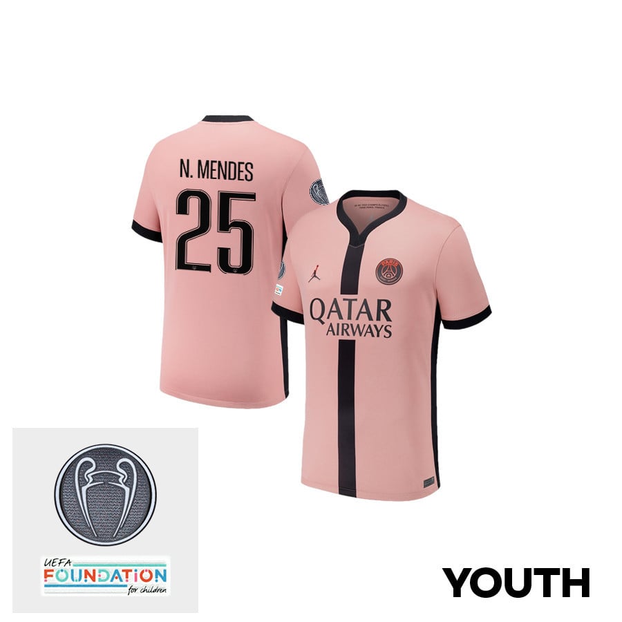 Nuno Mendes 25 Paris Saint-Germain UEFA Champions League Titleholder 2024/25 Champions Third YOUTH Jersey - Pink