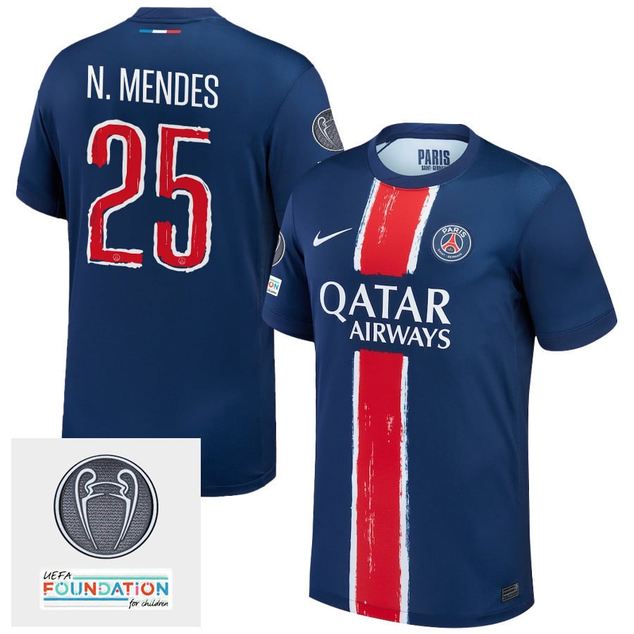 Nuno Mendes 25 Paris Saint-Germain UEFA Champions League Titleholder 2024/25 Home Men Jersey - Navy