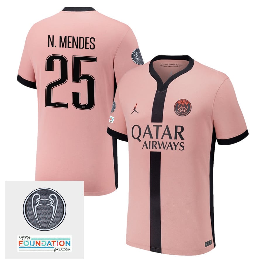 Nuno Mendes 25 Paris Saint-Germain UEFA Champions League Titleholder 2024/25 Third Men Jersey - Pink