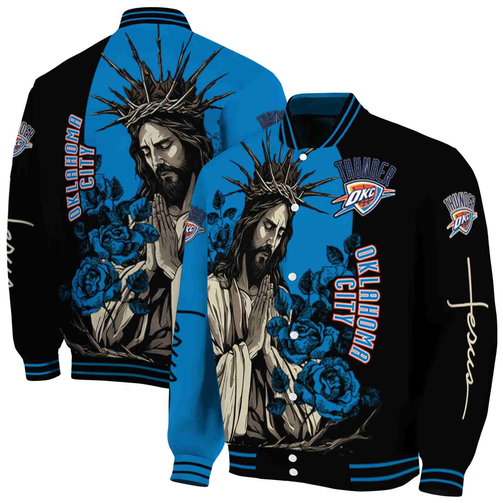 Oklahoma City Thunder NBA Hands In Prayer Blue Black Jacket Custom Gift For Sport Team Fans 