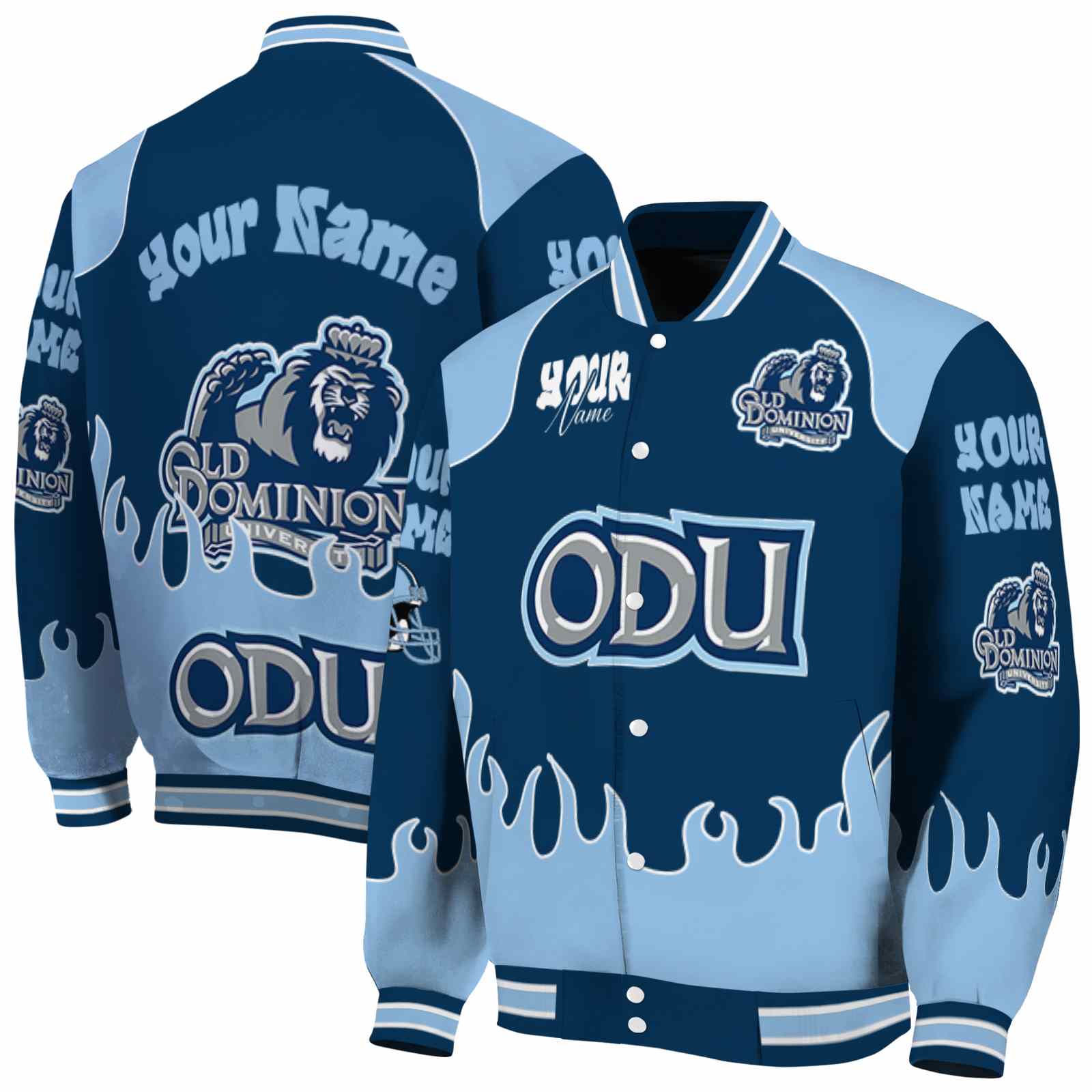 Old Dominion Monarchs NCAA Fire Graphic Blue Jacket Customized For Football Fans