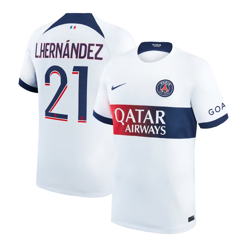 Paris Saint-Germain Away Shirt 2023-24 with Player Hernendez 21 printing Jersey - White
