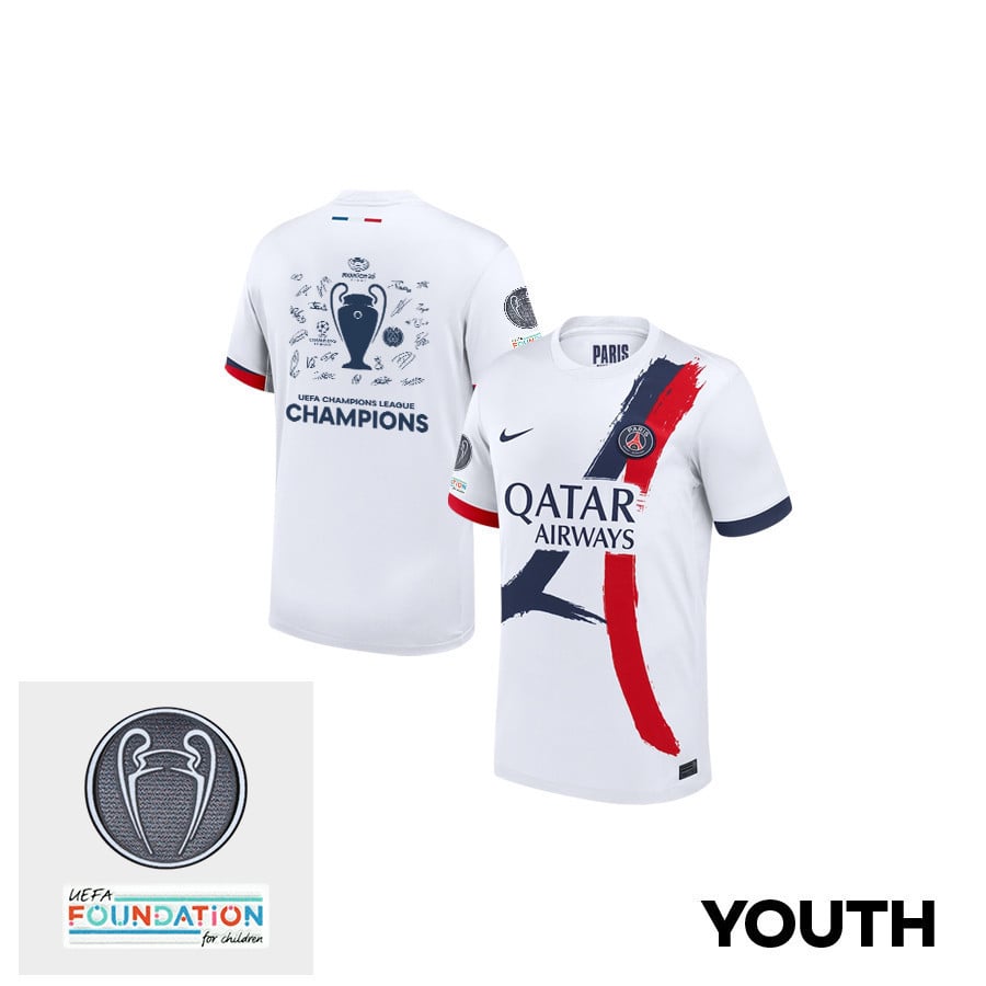 Paris Saint-Germain UEFA Champions League Cup Team Signatures Titleholder Patch 2024/25 Away YOUTH Jersey - White