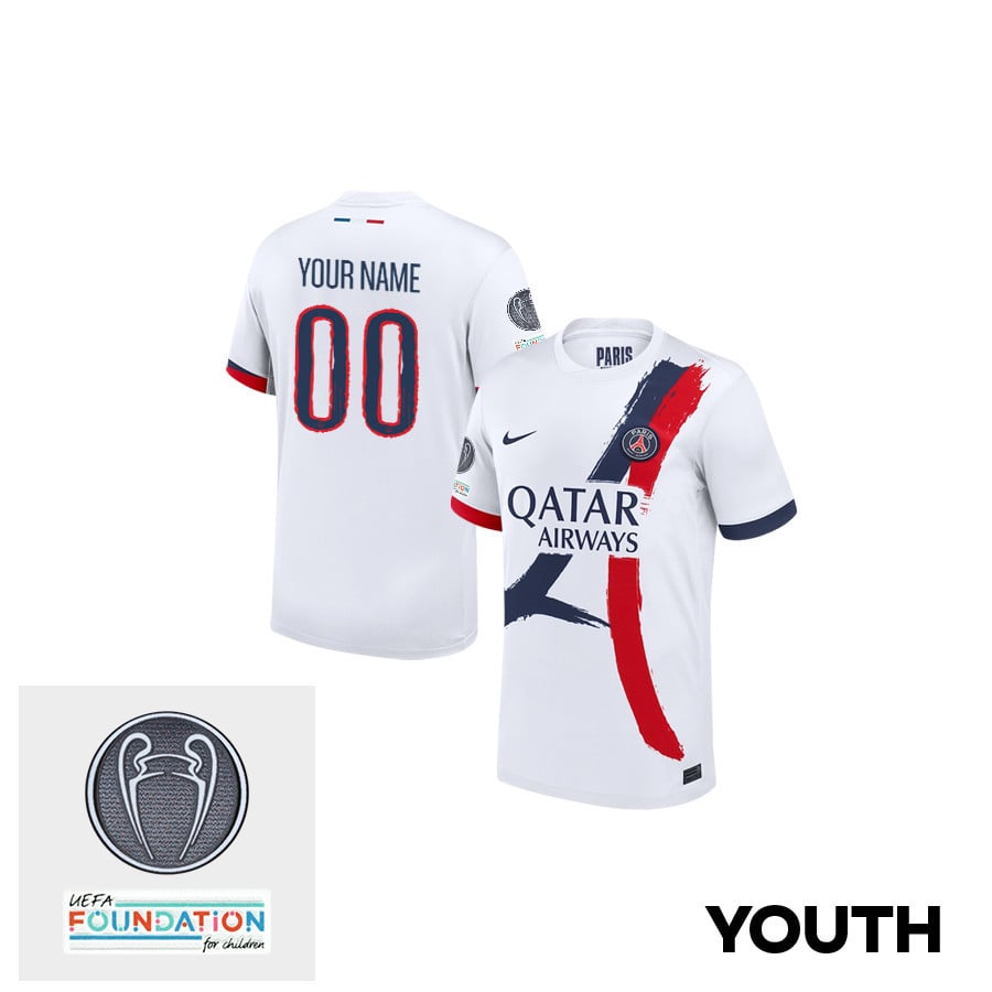 Paris Saint-Germain UEFA Champions League Titleholder 2024/25 Champions Away YOUTH Custom Jersey - White