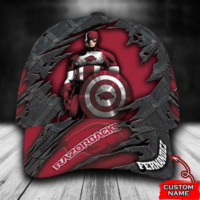 Personalized Arkansas Razorbacks Captain America Marvel 3D Baseball Cap Red CNI1577