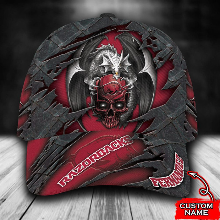 Personalized Arkansas Razorbacks Dragon Skull 3D Baseball Cap Red CNI1665