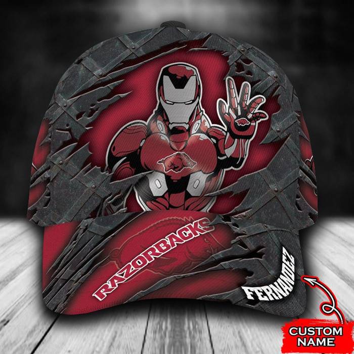 Personalized Arkansas Razorbacks Iron Man Marvel 3D Baseball Cap Red CNI1130
