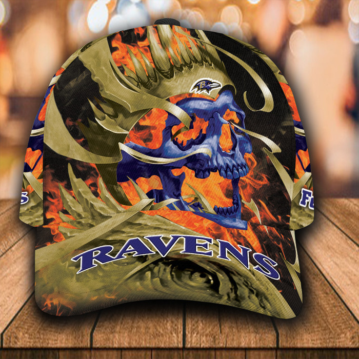 Personalized Baltimore Ravens Flame Skull 3D Classic Baseball Cap CNI347