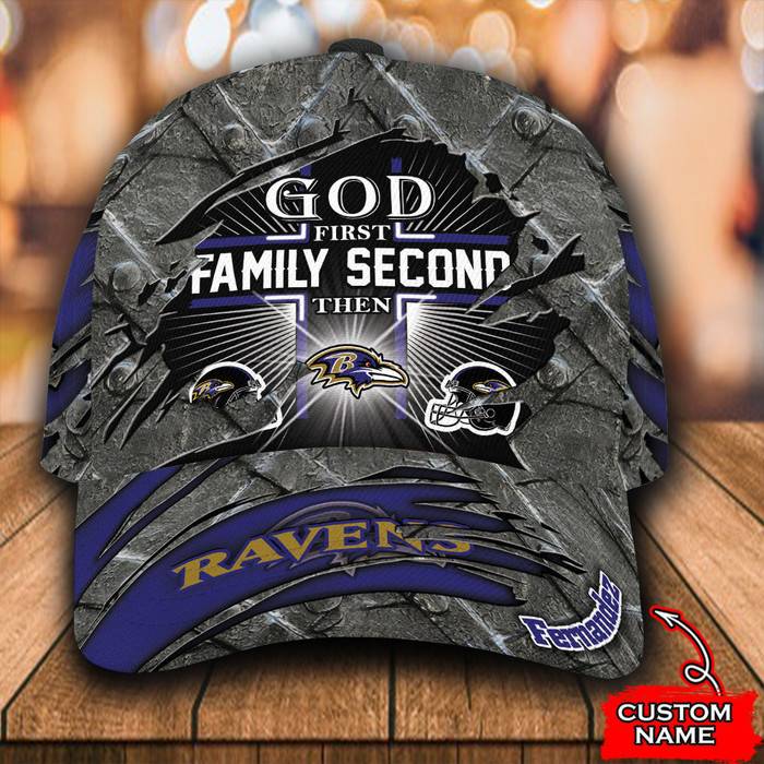 Personalized Baltimore Ravens God First Family Second 3D Classic Baseball Cap CNI442