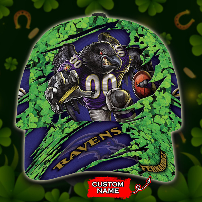 Personalized Baltimore Ravens Mascot St Patrick Day 3D Baseball Cap Blue Green CNI1466