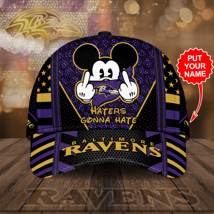 Personalized Baltimore Ravens Mickey Mouse Haters Gonna Hate 3D Baseball Cap Black Purple CNI2023