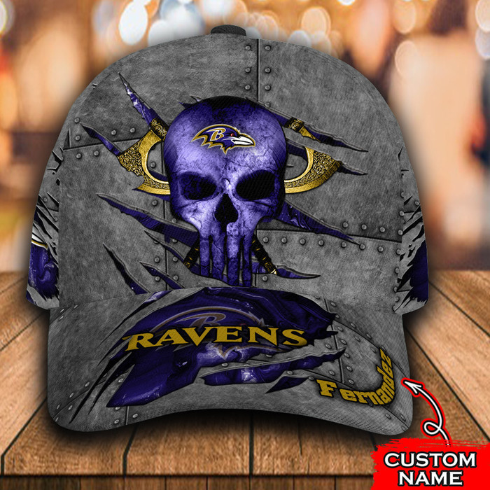 Personalized Baltimore Ravens Skull 3D Baseball Cap Blue CNI1445