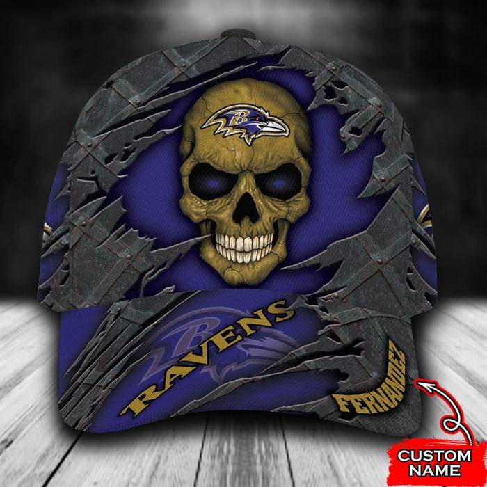 Personalized Baltimore Ravens Skull 3D Baseball Cap Navy CNI1583