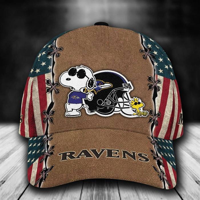 Personalized Baltimore Ravens Snoopy USA Flag 3D Classic Baseball Cap CNI256