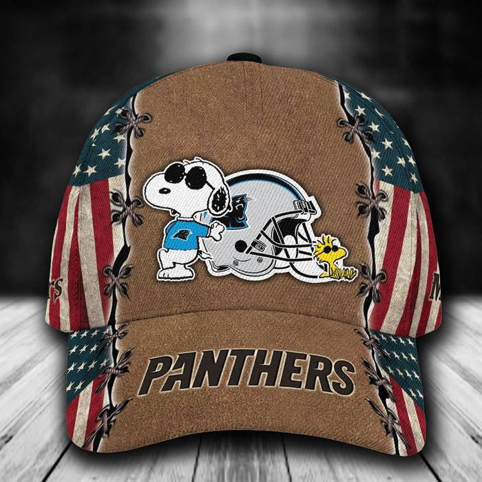 Personalized Carolina Panthers Snoopy USA Flag 3D Baseball Cap Brown CNI1637