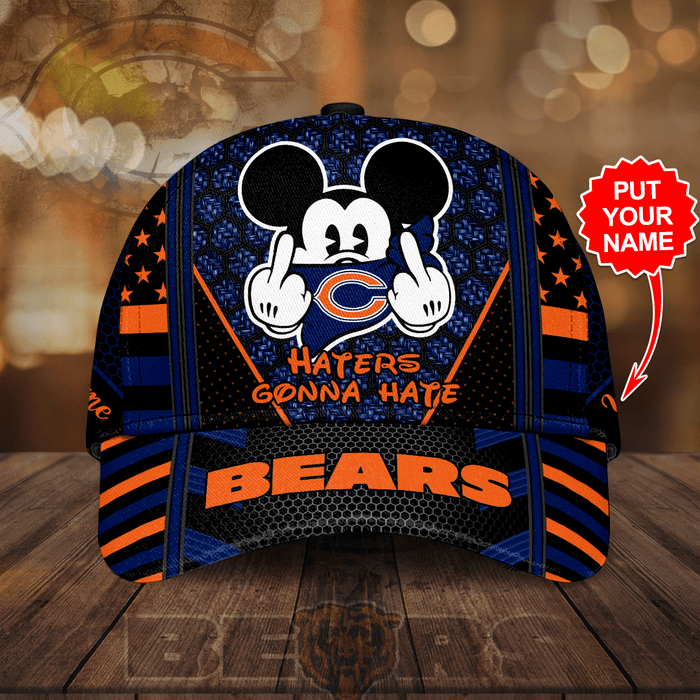 Personalized Chicago Bears Mickey Mouse Haters Gonna Hate 3D Baseball Cap Black Neon Blue CNI2080