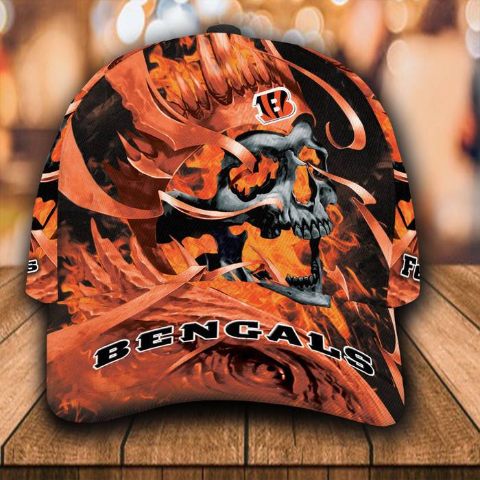 Personalized Cincinnati Bengals Fire Skull 3D Baseball Cap Orange CNI1584