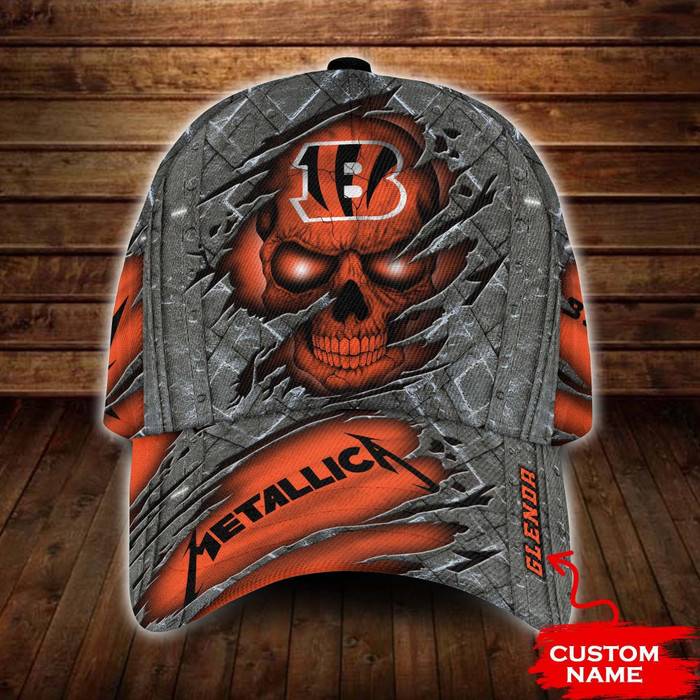 Personalized Cincinnati Bengals Metallica Band Skull 3D Baseball Cap Orange CNI1501