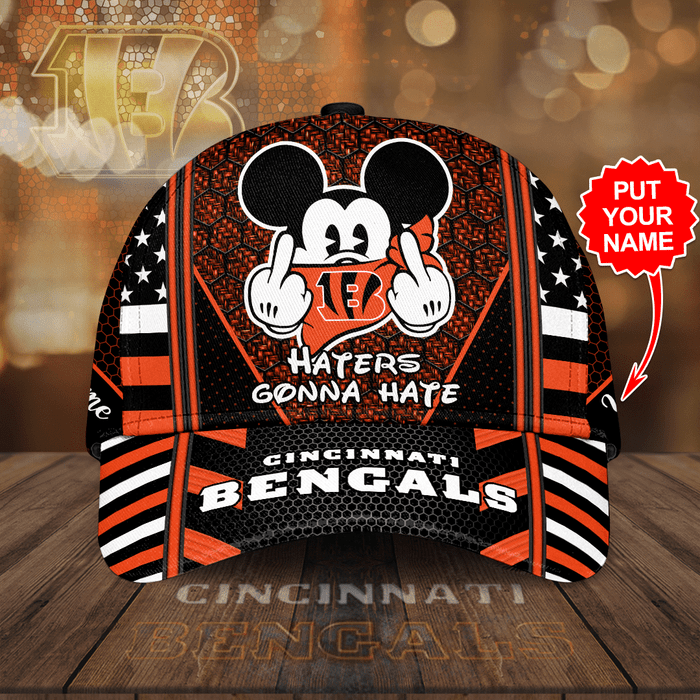 Personalized Cincinnati Bengals Mickey Mouse Haters Gonna Hate 3D Baseball Cap Black Orange CNI2019