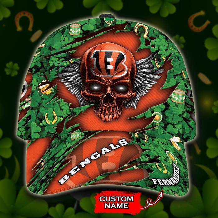 Personalized Cincinnati Bengals St Patrick Day Skull 3D Baseball Cap Orange Green CNI1040