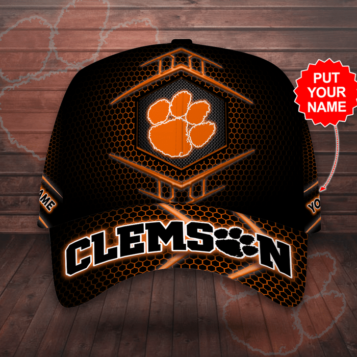 Personalized Clemson Tigers Beehive Hexagon Pattern 3D Baseball Cap Black Orange CNI2064