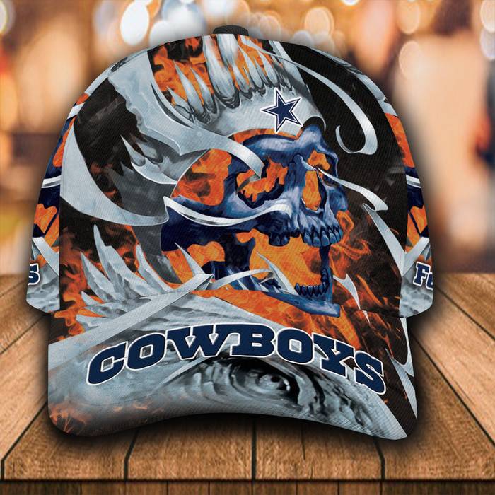 Personalized Dallas Cowboys Fire Skull 3D Baseball Cap CNI1592