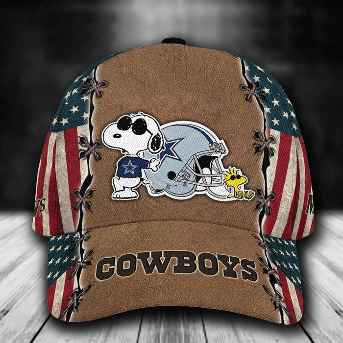 Personalized Dallas Cowboys Snoopy USA Flag 3D Baseball Cap Brown CNI1620